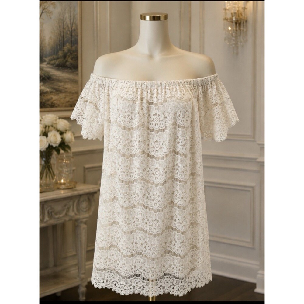 Off-Shoulder Lace Midi Dress in Ivory